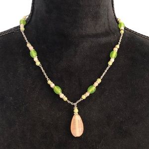 Vintage Beaded & Link Necklace With Glass Drop Pendant